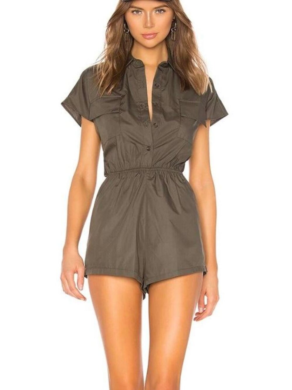 Superdown Arielle button up romper in olive green